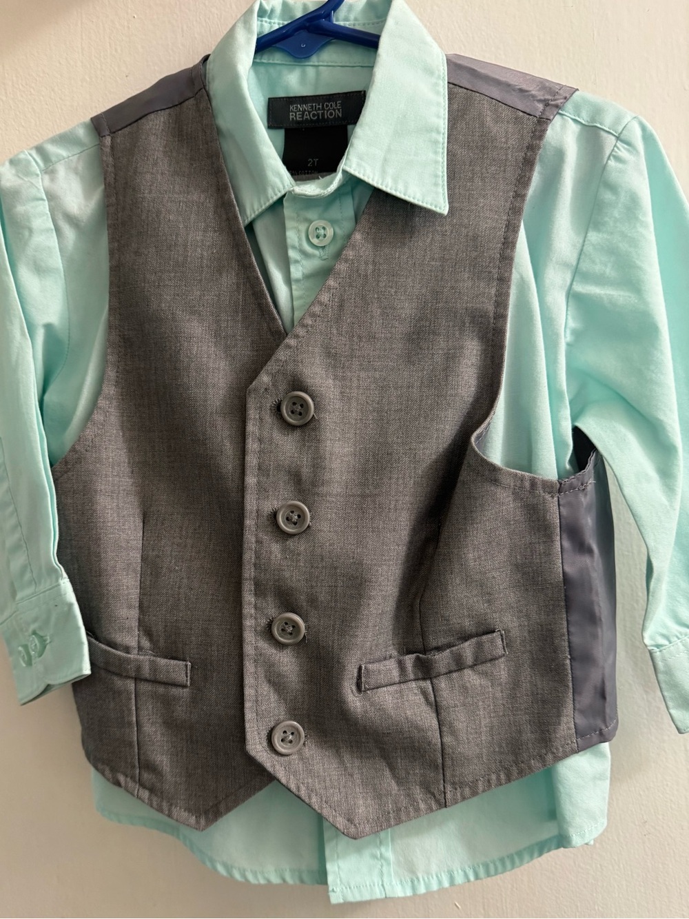 Kenneth Cole Reaction Boys Mint Green Shirt with Gray Dress Vest 2T